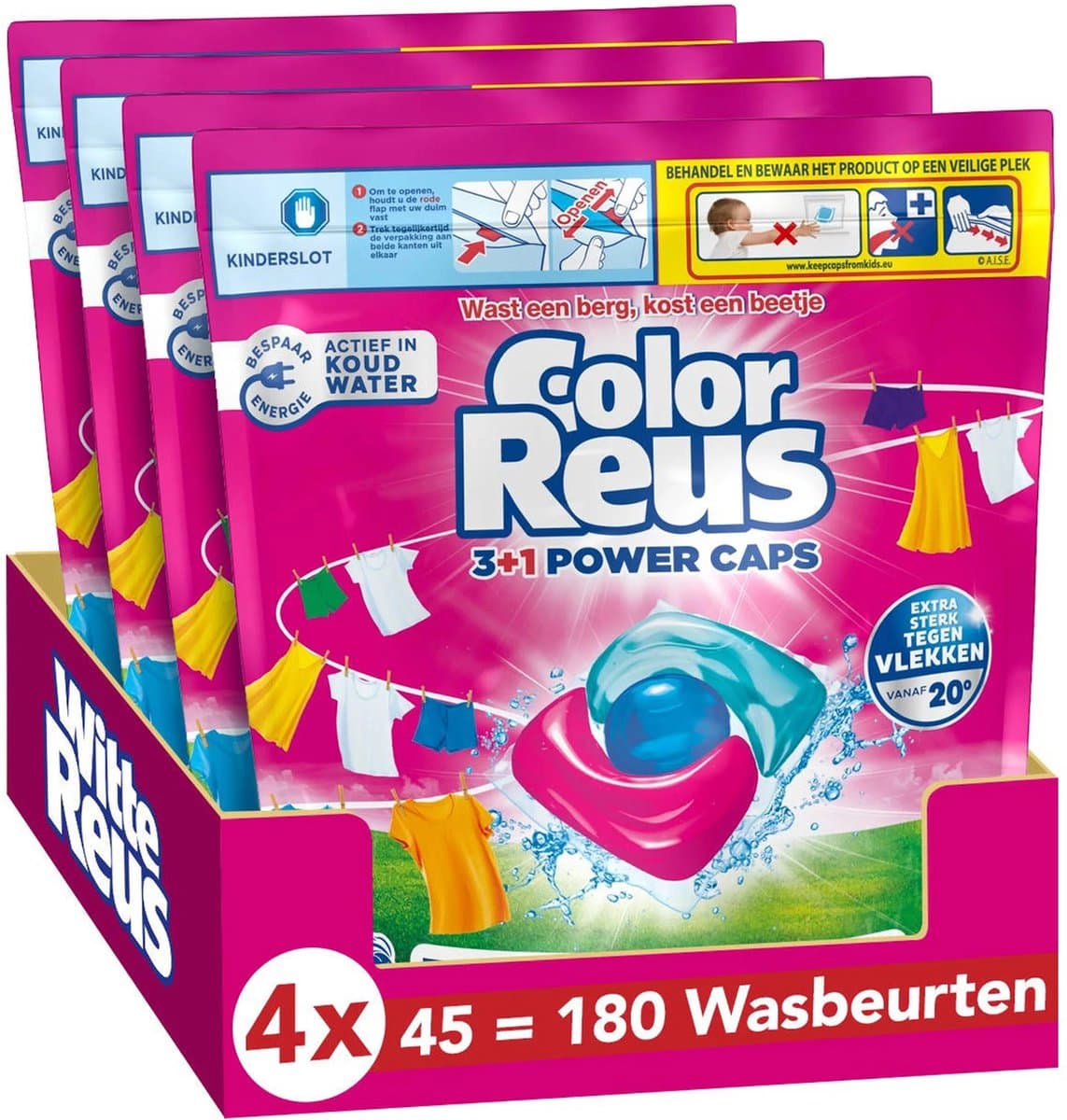 Witte Reus Color Reus Wasmiddelcapsules 3+1 Power Caps Gekleurde Was - 4 x 45 stuks - Voordeelverpakking — afbeelding 1