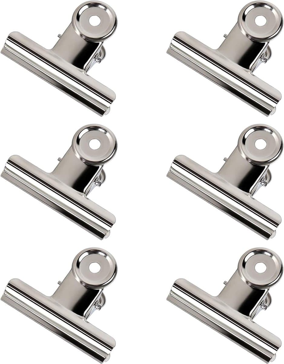 6 stuks bulldog clips grote, 75 mm multifunctionele clip, bulldog scharnierclips, grote metalen binderclips, zilver roestvrij staal, papierklemmen — afbeelding 1