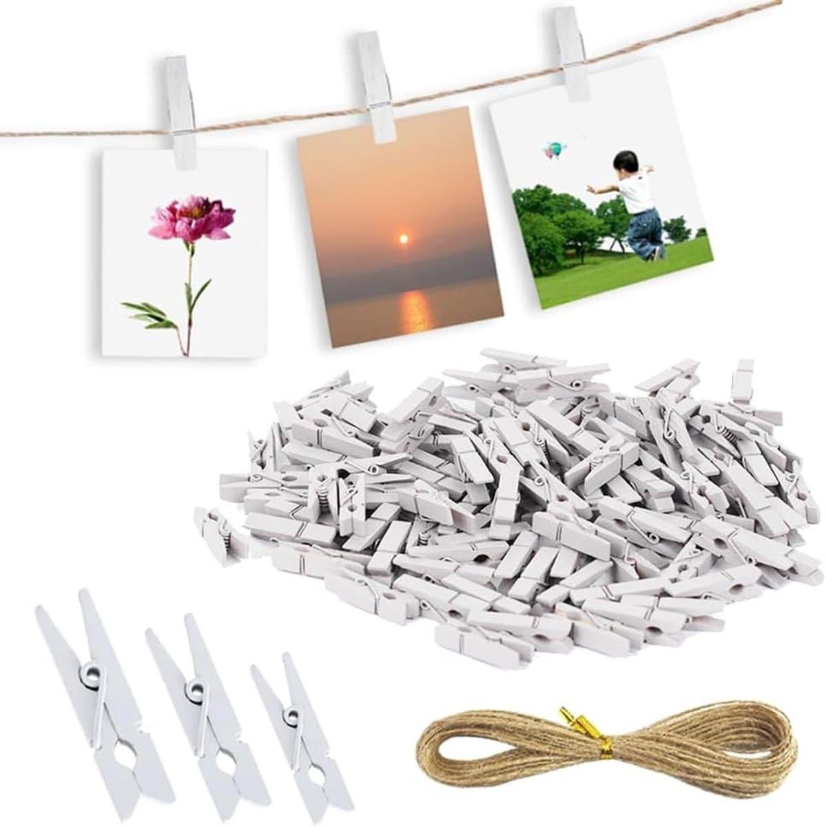 150 Stuks Mini Houten Haringen Witte Decoratieve Clips + Jute Koord - Fotoclips Wasknijpers Foto's Ansichtkaarten Memo DIY Ambachtelijke Decoratie — afbeelding 1
