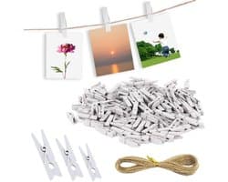 150 Stuks Mini Houten Haringen Witte Decoratieve Clips + Jute Koord - Fotoclips Wasknijpers Foto's Ansichtkaarten Memo DIY Ambachtelijke Decoratie