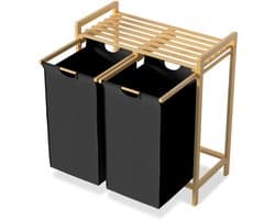 Wasmand van Oxford-weefsel, 2 x 36 liter, 2 vakken, afneembare wasverzamelaar met plank en bamboeframe, waszak, uittrekbaar, efficiënte wasopslag voor bijkeuken, zwart NAIZY