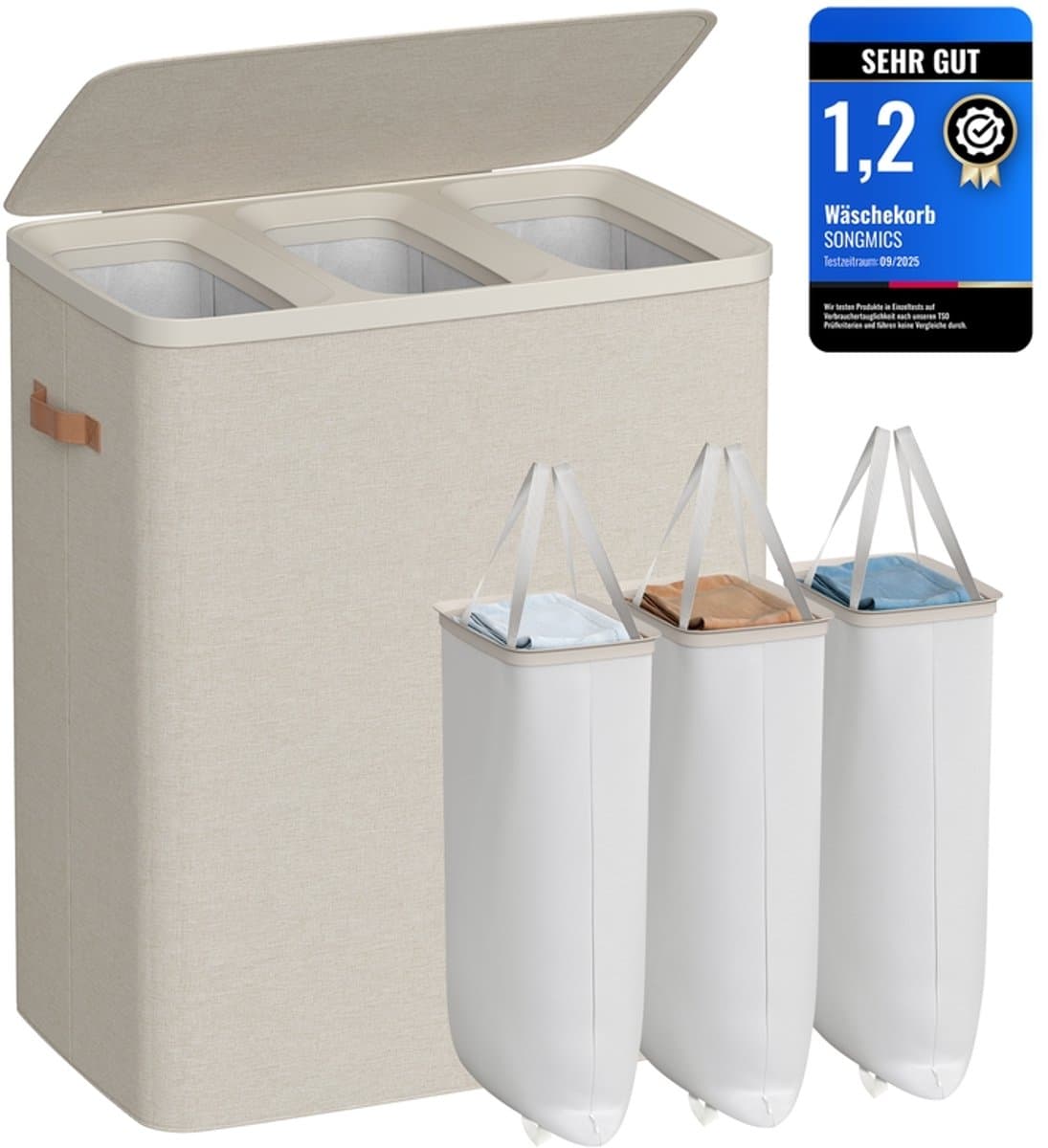 SONGMICS - Wasmand, 190 liter - drie compartimenten - met deksel en handgrepen - uitneembare binnenvoering - eenvoudig te monteren - 64 x 40 x 75 cm - cappuccino beige — afbeelding 1