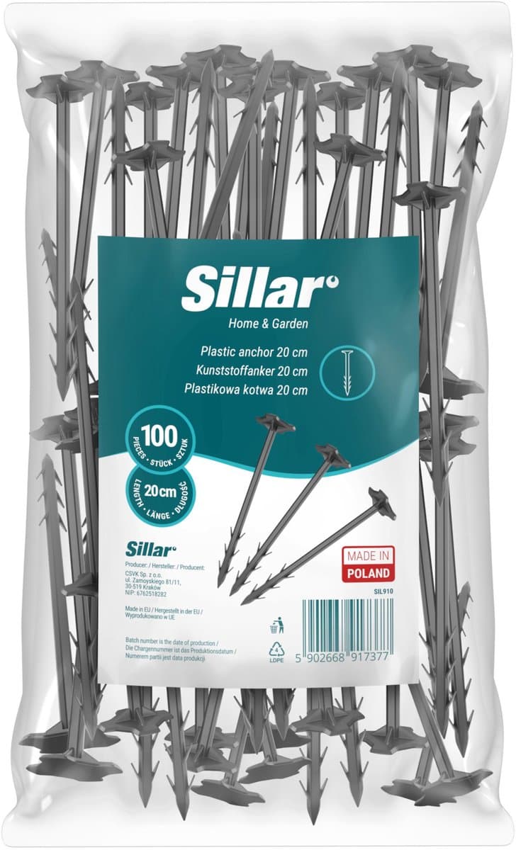 Sillar, grondankers, 20 cm, voor geotextiel, gaas, folie, UV-bestendig, stabiel en duurzaam, PP-kunststof, sterke tuinankers voor geotextiel, 100 stuks — afbeelding 1