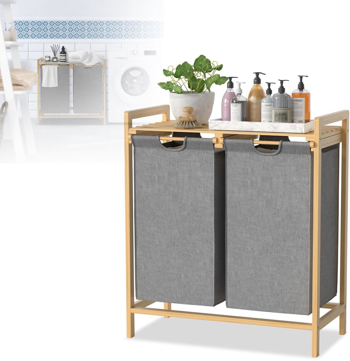 2x36L Wasmand – Oxford Stof met 2 Vakken, Afneembare Inzet – Grijs — afbeelding 1