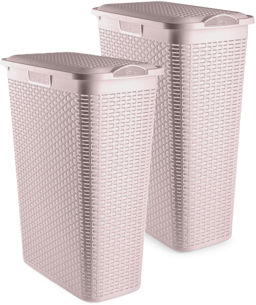 Plasticforte Smalle Wasmand met deksel Rotan - 2x - roze - gevlochten kunststof - 48 liter - 27 x 46 x 60 cm — afbeelding 1