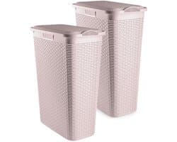 Plasticforte Smalle Wasmand met deksel Rotan - 2x - roze - gevlochten kunststof - 48 liter - 27 x 46 x 60 cm — afbeelding 1
