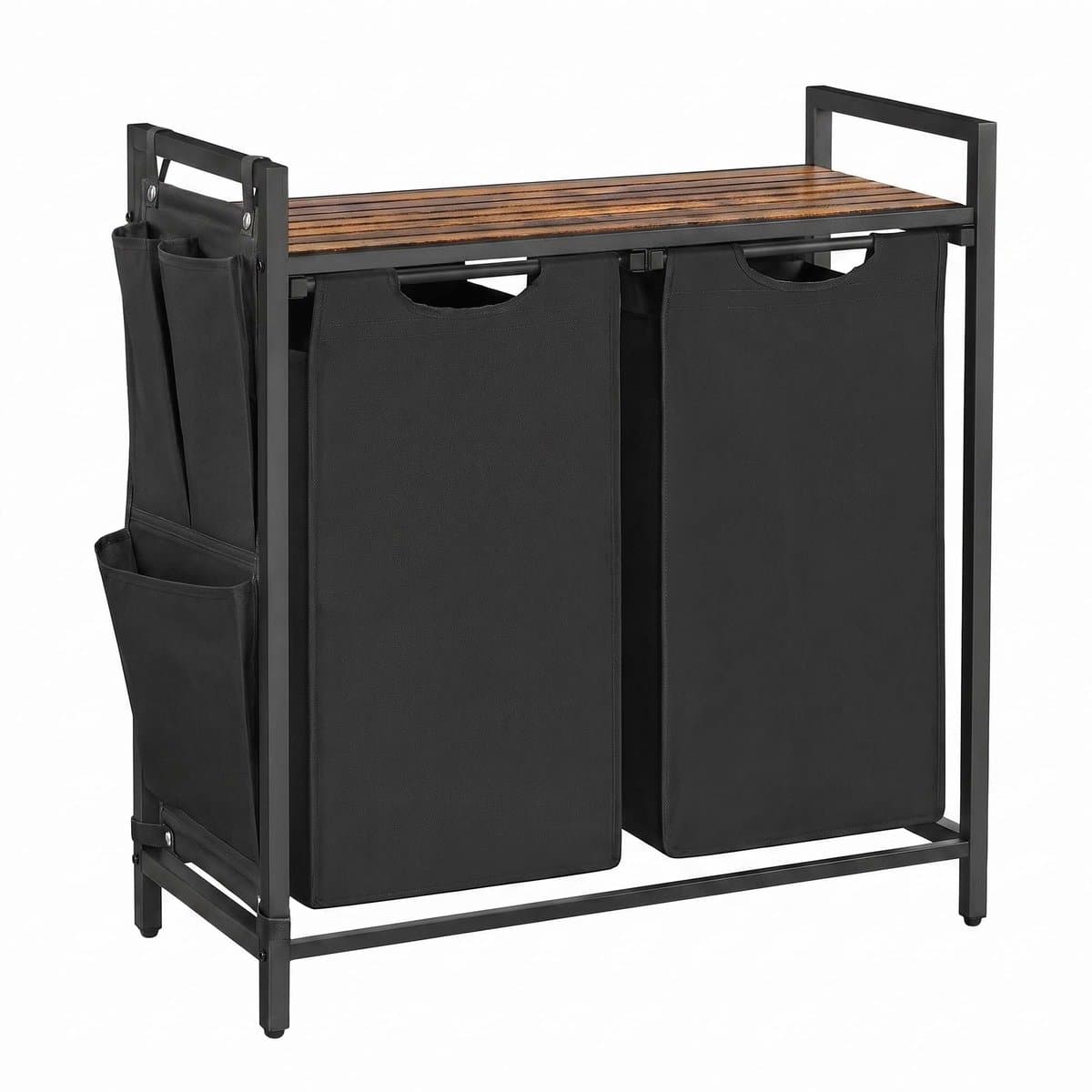 Wasmand Wasgoedmand 71,3 x 33 x 72 cm Zwart 2 vakken van 46 L Met uittrekbare en afneembare binnenzakken, zijvak en roosterplank Stevig metalen frame Gemakkelijk te monteren en reinigen Geschikt voor wasruimte, badkamer en slaapkamer — afbeelding 1