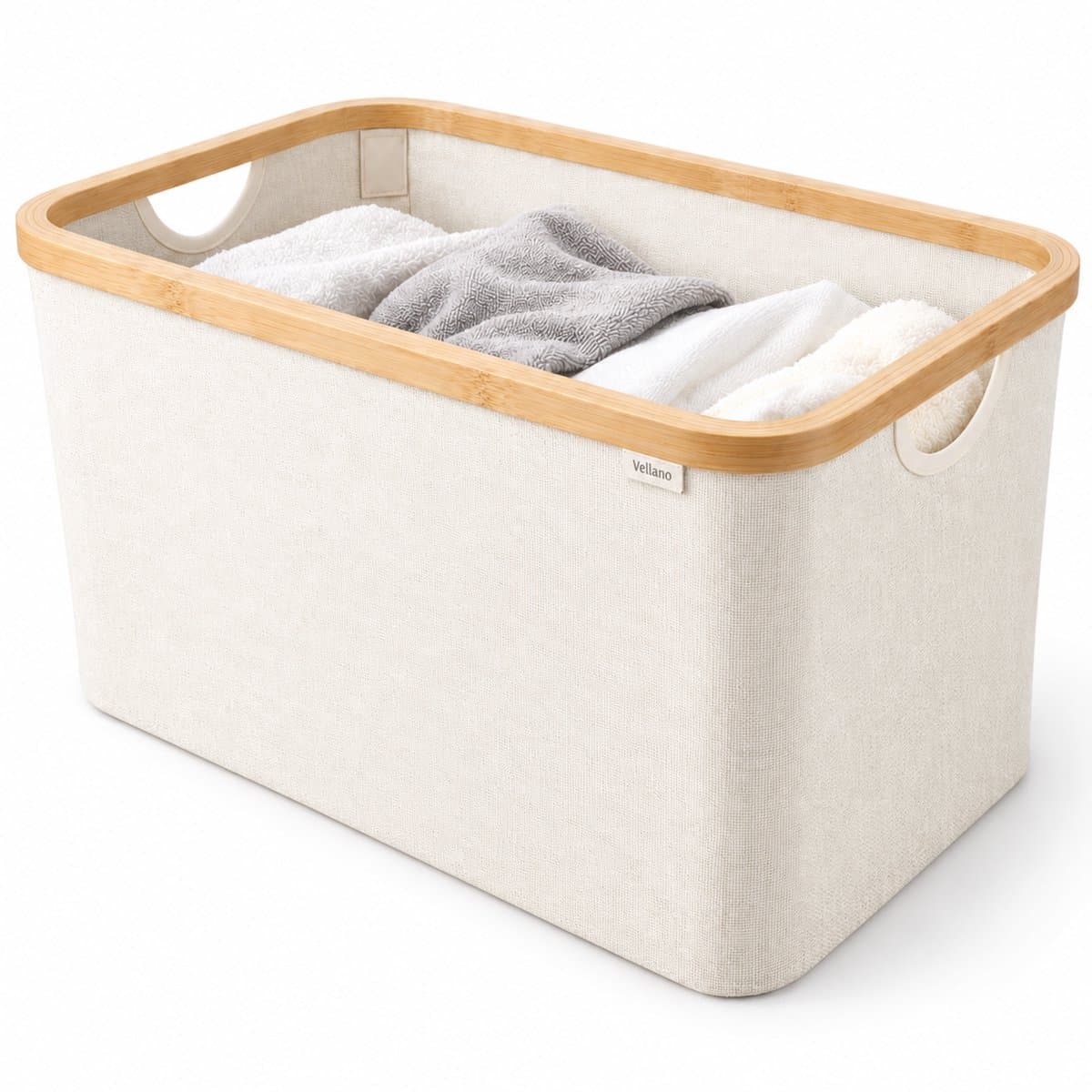 Vellano Opvouwbare Wasmand 45L – Beige – Wasmand met Bamboe Rand – Inklapbare Wasbox met Handgrepen – Heupwasmand – Opbergmand — afbeelding 1