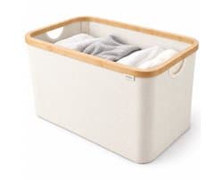 Vellano Opvouwbare Wasmand 45L – Beige – Wasmand met Bamboe Rand – Inklapbare Wasbox met Handgrepen – Heupwasmand – Opbergmand