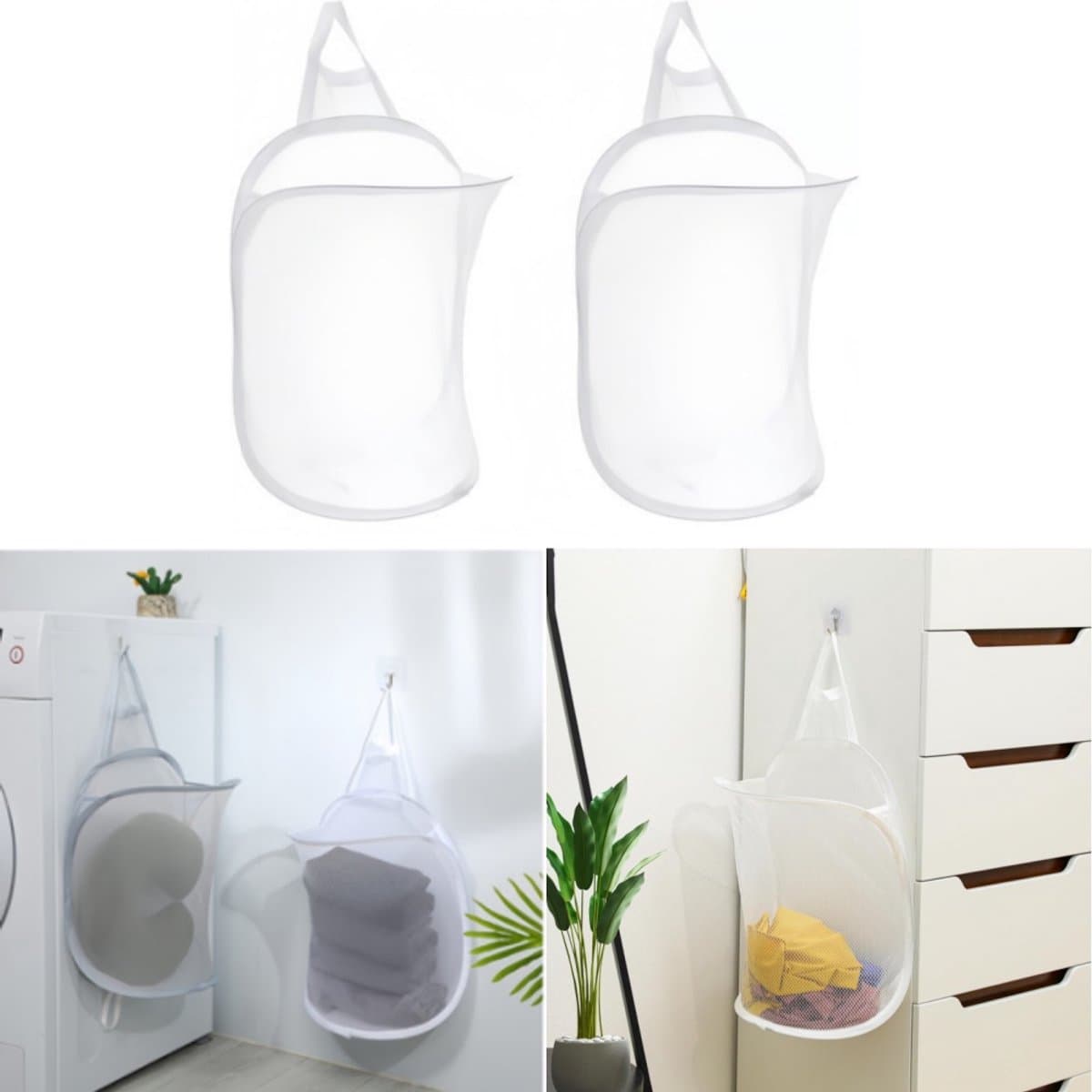 2 stuks – Opvouwbare wasmand voor aan de muur – Hangende wasmand – Wasmand van gaas voor aan de muur – Ademend – Met handvat – Wit – 30*40 cm – Geschikt voor kleding en speelgoed – Geschikt voor badkamers, campings en hotels — afbeelding 1