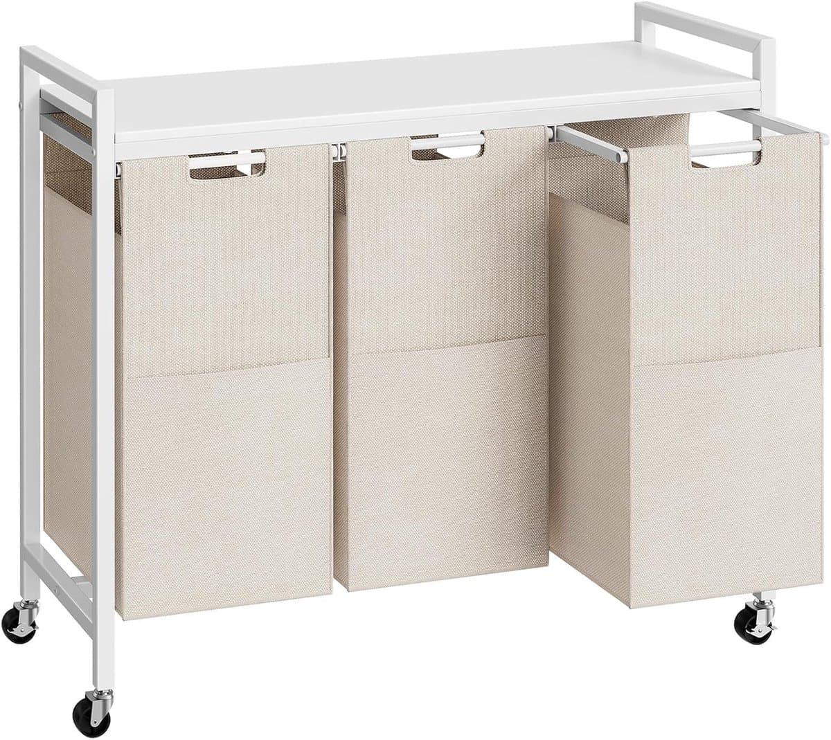 Wasmand 3 vakken, wasverzamelaar met plank, wasmand met wieltjes, 3 x 39,8 l, waszak van Oxford-weefsel, wit — afbeelding 1