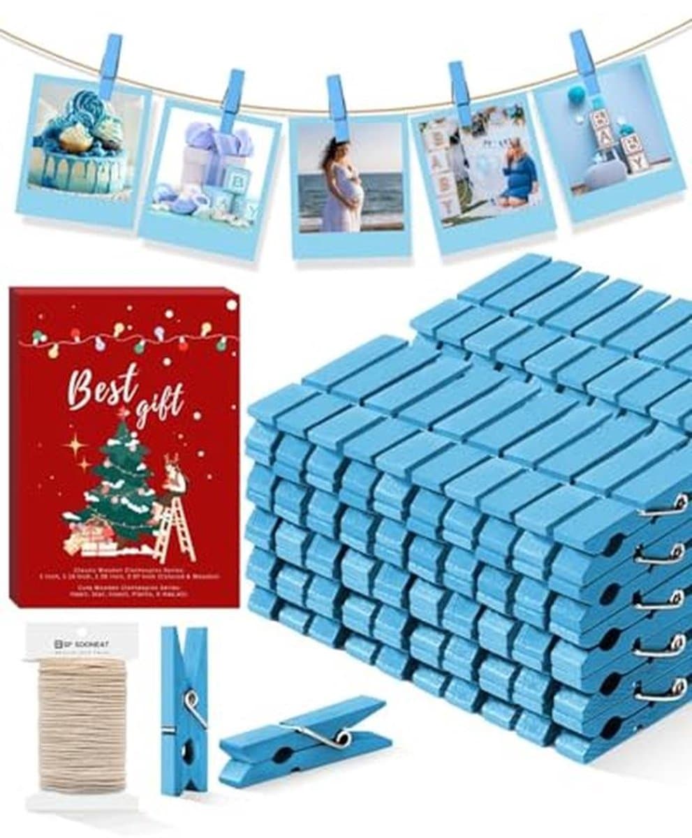 Mini Kleerspeldjes voor Fotoclips - 100 Stuks Houten Wasknijpers in Blauw voor Creatieve Knutselprojecten, Decoratie en Babyshowers — afbeelding 1