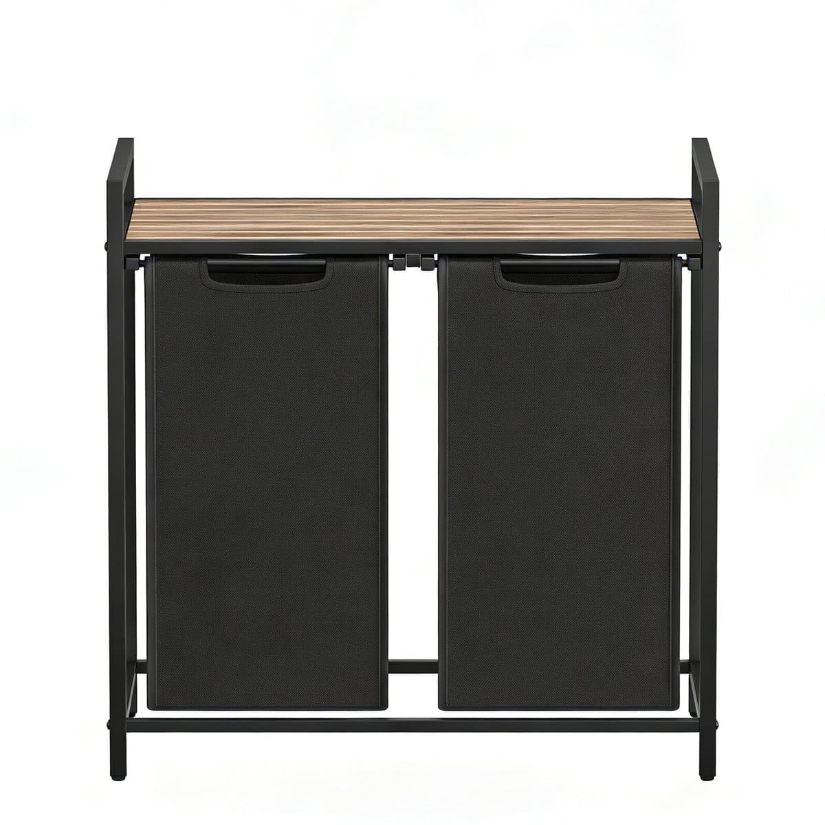 Dubbele wasmand opbergmand vuilewasmand 73×33×72 cm naturel+zwart met streepjes-opbergrek en uittrekbare afneembare binnenzak stevig metalen frame verstelbare poten multifunctioneel kledingorganizer geschikt voor wasruimte badkamer en slaapkamer — afbeelding 1