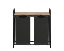 Dubbele wasmand opbergmand vuilewasmand 73×33×72 cm naturel+zwart met streepjes-opbergrek en uittrekbare afneembare binnenzak stevig metalen frame verstelbare poten multifunctioneel kledingorganizer geschikt voor wasruimte badkamer en slaapkamer