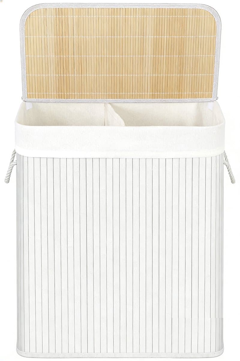 Wasmand Vuile wasmand met deksel,51,5 x 31,5 x 60,5 cm, wit, uitneembare voering, katoenen handgrepen en 2 vakken, 100 liter opslagcapaciteit, geschikt voor wasruimte en slaapkamer, — afbeelding 1