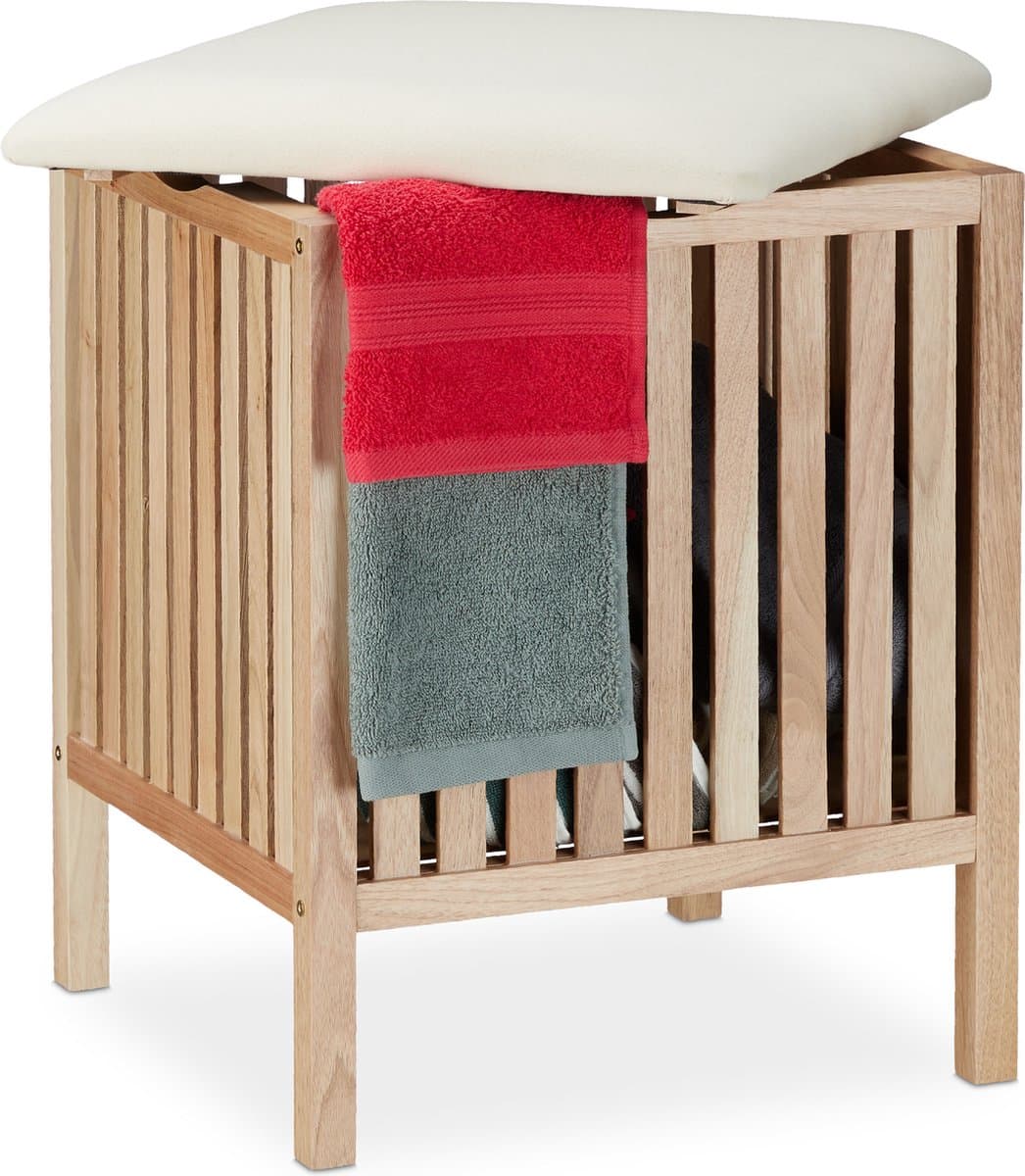 wasmand kruk - badkamerkruk - 40 liter - 51 x 41 x 41 cm - hout - naturel-wit — afbeelding 1