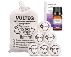 Vulteq® Wollen Drogerballen XL (6 stuks) + 100% Lavendelolie - Wasdrogerballen voor Zachtere Was & Sneller Drogen - Minder kreukels