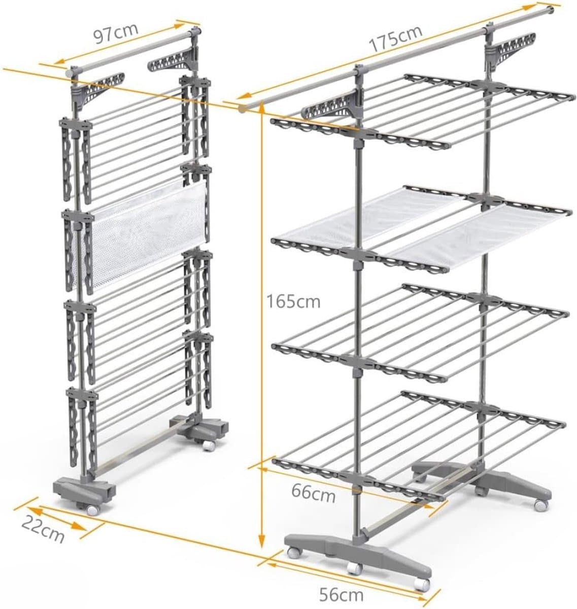 Thuys – Droogtoren 4 Verdiepingen – Droogtoren – Droogrek – Met Wielen En Net – 66cm x 165cm x 177cm – Grijs — afbeelding 1