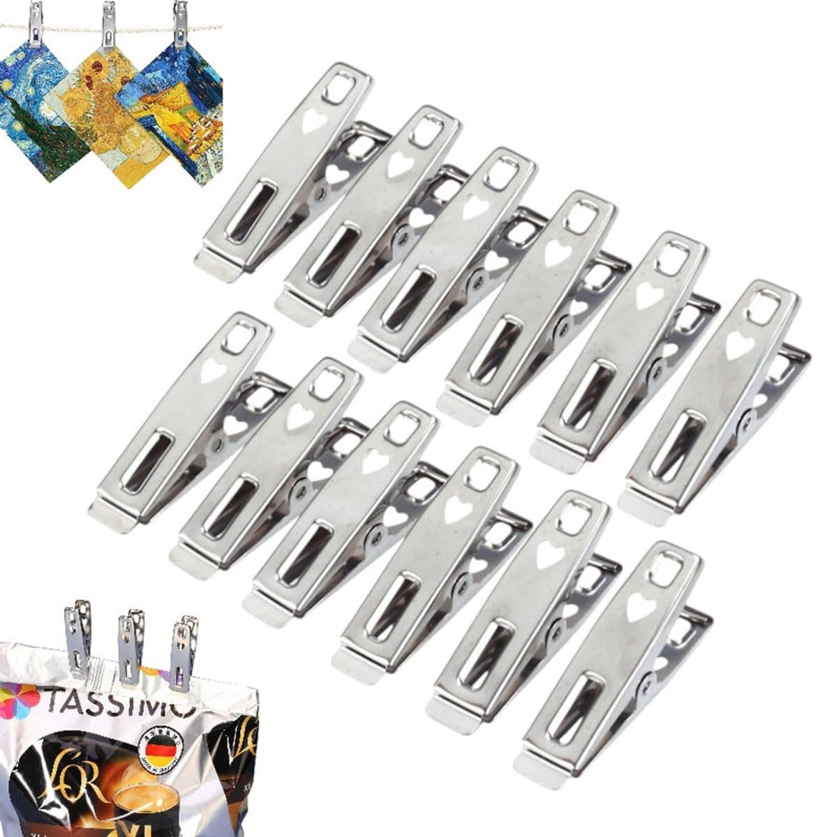 12 stuks - Platte roestvrijstalen clips - Huishoudelijke wasknijpers - Kleine clips voor het drogen van dekbedden - Vaste winddichte clips voor kleding en dekbedden - Winddichte en antislip wasknijpers van roestvrij staal - Metalen wasknijpers — afbeelding 1