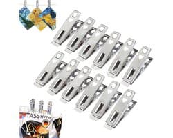 12 stuks - Platte roestvrijstalen clips - Huishoudelijke wasknijpers - Kleine clips voor het drogen van dekbedden - Vaste winddichte clips voor kleding en dekbedden - Winddichte en antislip wasknijpers van roestvrij staal - Metalen wasknijpers
