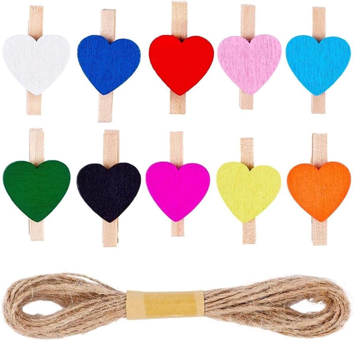 Allecto plus - 80 Stuks Kleurrijke Mini Hart Wasknijpers van Hout voor Ambachten en Foto Display met Jute Touw — afbeelding 1