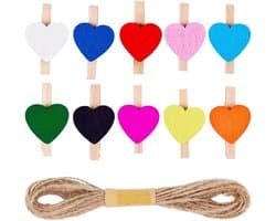Allecto plus - 80 Stuks Kleurrijke Mini Hart Wasknijpers van Hout voor Ambachten en Foto Display met Jute Touw