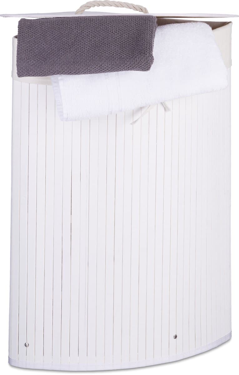 3x wasmand hoekmodel bamboe - 60 liter - deksel - witte wasbox - driehoekig — afbeelding 1