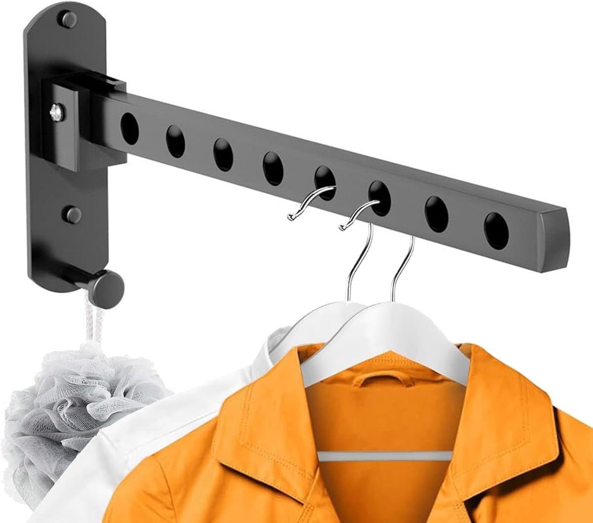 Wandgemonteerd droogrek - Opvouwbaar droogrek voor buiten - 90° draaibare opvouwbare droogrek - Wandgemonteerd droogrek - Wandgemonteerd opvouwbaar droogrek voor balkon, wasruimte, badkamer - Enkele stang opvouwbaar, 8 gaten - Zwart — afbeelding 1