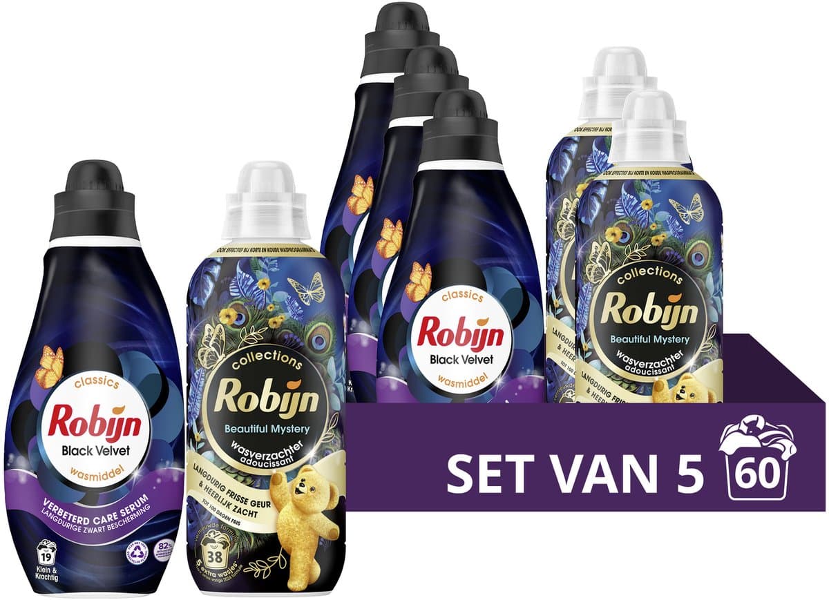Robijn - Perfect Match Wasmiddel en Wasverzachter Pakket - Black Velvet + Beautiful Mystery - Voordeelverpakking - 5 stuks - 60 Wasbeurten — afbeelding 1
