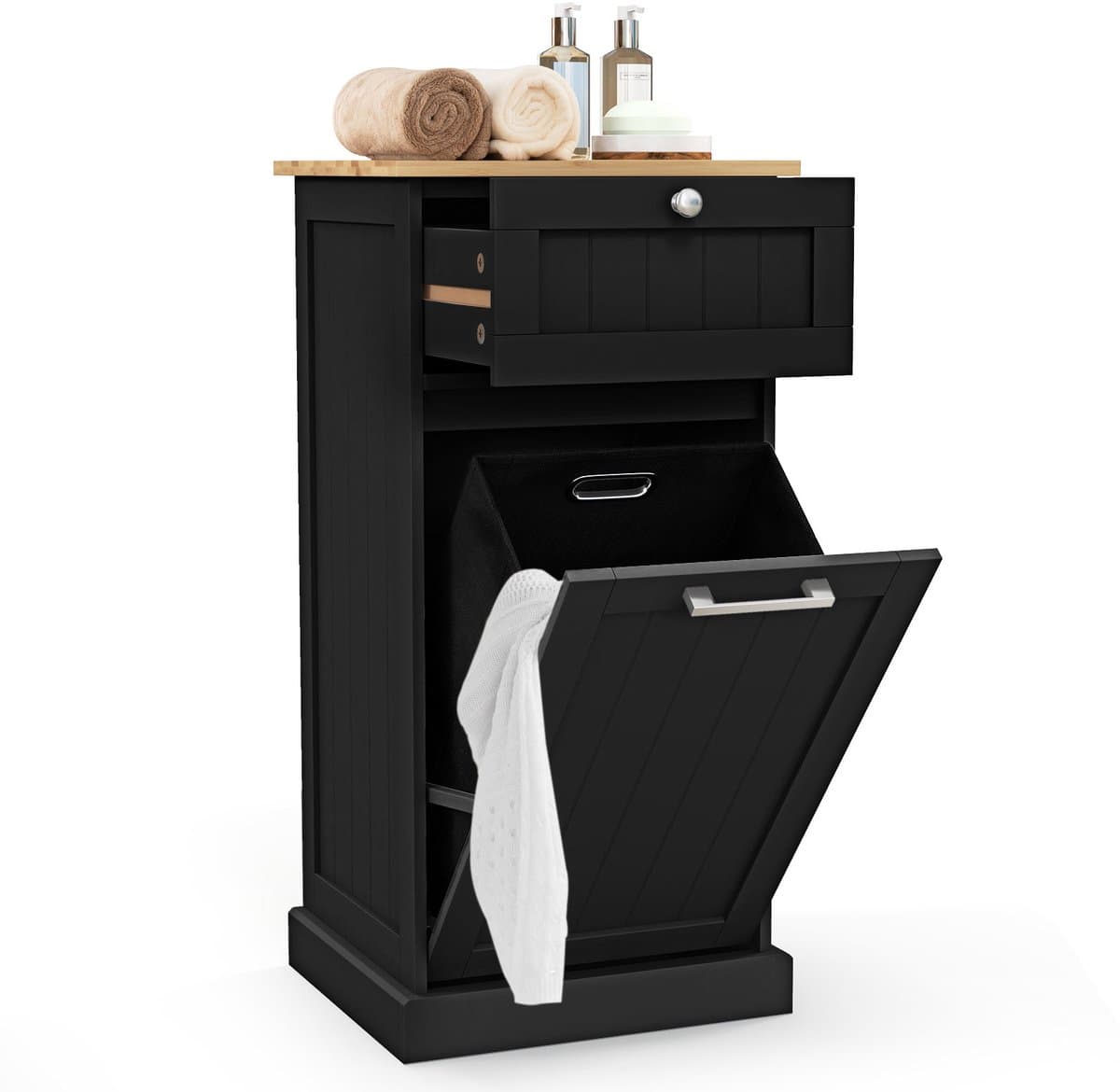 COSTWAY Waskast met wasmand, wasverzamelaar met lade, tafelblad van bamboe, badkamerkast, badkamerkast voor badkamer, bijkeuken, 40 x 37 x 82 cm (zwart) — afbeelding 1