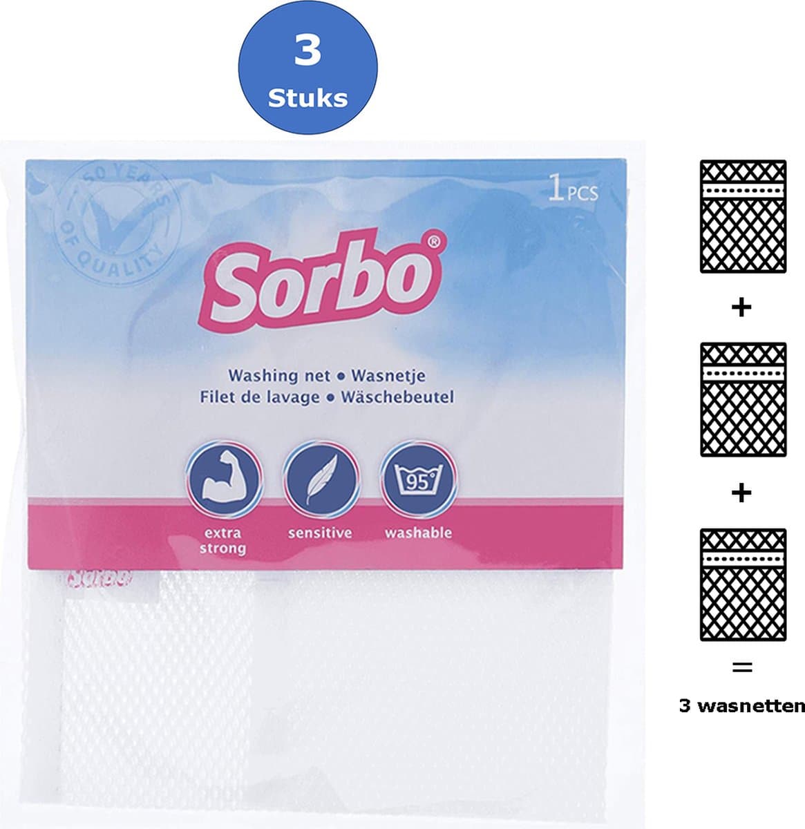 3x Sorbo Waszakken - Wasnetten - Set van 3 Wasnetjes 30x40 cm - Waszak Met Rits - Wasbaar Tot 95 Graden - Beschermt Fijn Wasgoed — afbeelding 1
