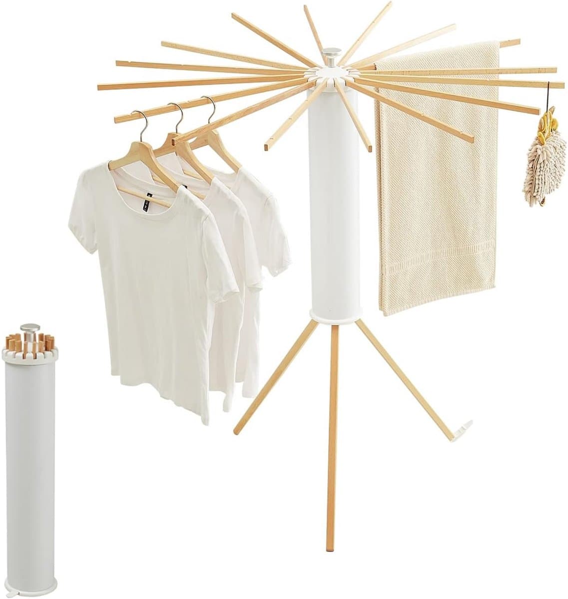 Dastium Home - Opvouwbaar Droogrek – Inklapbaar Driepoot Wasrek met 16 Armen – Ruimtebesparend Houten Droogrek voor Binnen & Buiten – Octopus Droogrek — afbeelding 1