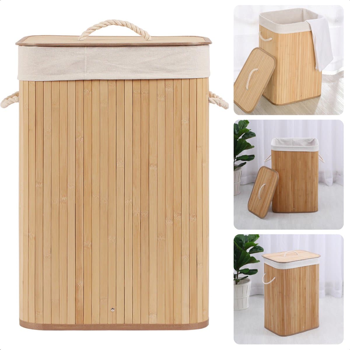 Bamboe Wasmand - Opvouwbaar Met Deksel - 72L - Naturel - Duurzaam Design - Wassorteerder met Waszak - Inclusief EBOOK — afbeelding 1