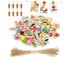 SnelShoppen - 120PCS Mini Houten Klemmen Hartvorm, Kleine Wasknijpers voor Foto's, 10M Jute Touw, Perfect voor Bruiloft, DIY Foto Wand, Feestdecoratie