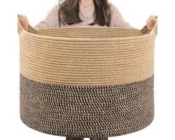Extra grote geweven mand, 50 x 30 cm rieten dekenmand woonkamer hondenspeelgoedbak, wasmand voor vuile kleding, schoenmand voor entree, 90 l zwart en jute