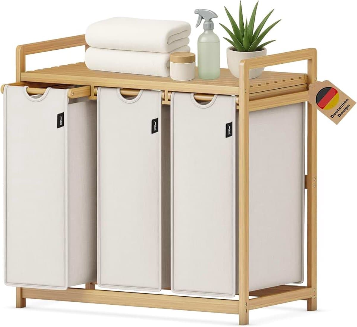 3 vakken 148L Met planken | grote vierkante wasverzamelaar van bamboe, wasbox, visueel aantrekkelijke wassorteerder in 77.5X41.3X77.5 CM grijs — afbeelding 1