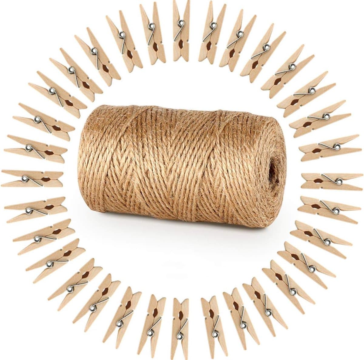 Wasknijpers, hout, 3,5 cm, Absofine, knutselkoord, jute koord, 100 m natuurlijk jute koord, clothespins verpakking, gastgeschenk — afbeelding 1