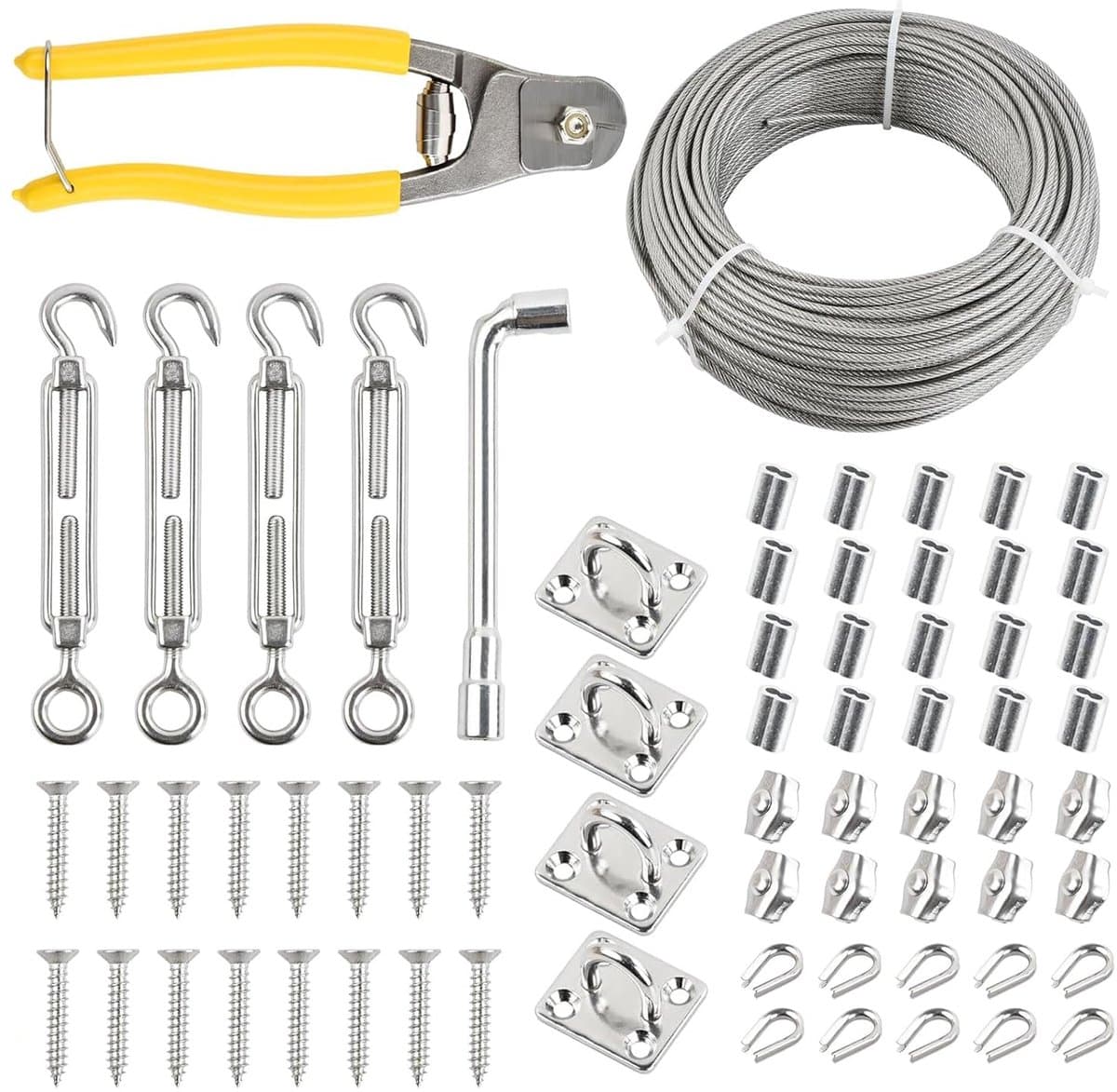 SnelShoppen - 67-delig buitenwaslijn set, 50 m spankabels met 20 ringen, 4 vierkante haken, 4 spanners, roestvrijstalen wasrek voor buiten, ideaal voo — afbeelding 1