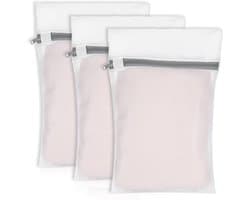 SnelShoppen - 3x Wasnetjes 30x40cm, Waszak voor Wasmachine, Waszak met Rits, Wit met Roze Accenten, Bescherming voor Kleding