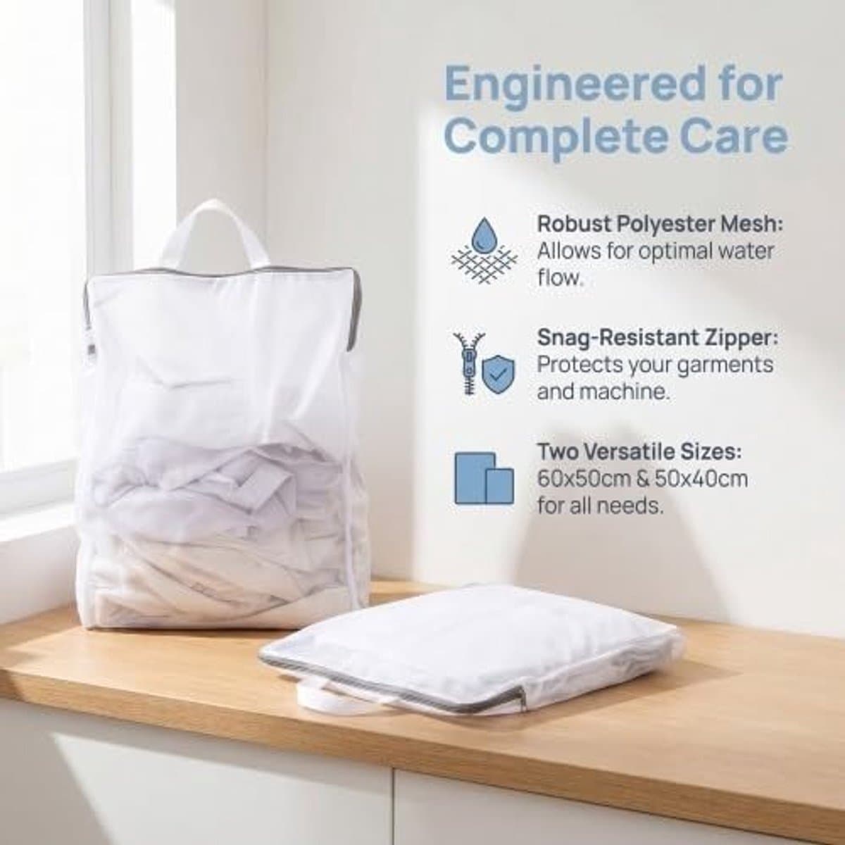 Herbruikbare waszakken van net, 2 stuks, 60 x 50 cm en 50 x 40 cm, ideaal voor delicate kleding, wasmachinezakken met ritssluiting, duurzaam en praktisch voor truien, overhemden en ondergoed — afbeelding 1