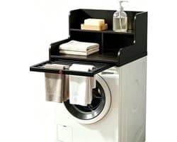 Wasmachine Onderstel - Droger Werkblad - Huishoudelijke Organisatie - Uittrekbare Drooglijn - 60 x 64 cm - Zwart