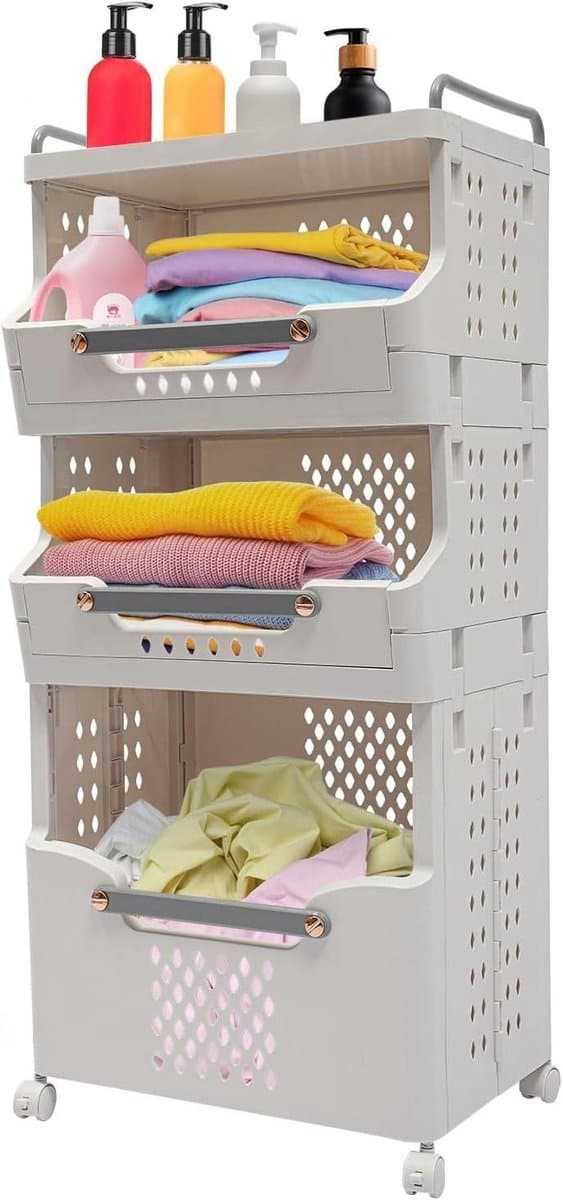 Laundry basket, plastic laundry collector, laundry trolley, laundry organiser, stackable laundry basket with wheels, laundry separator with 3 storage baskets, laundry sorting system, 41.7 x 29.7 x 89 cm — afbeelding 1