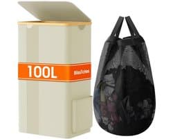 100Lwasmand ,met deksel, transparant mesh ontwerp , wasmand met handgrepen en afneembare waszak, Badkamer, studentverblijf, wasserij, wasmand,Beige wit.