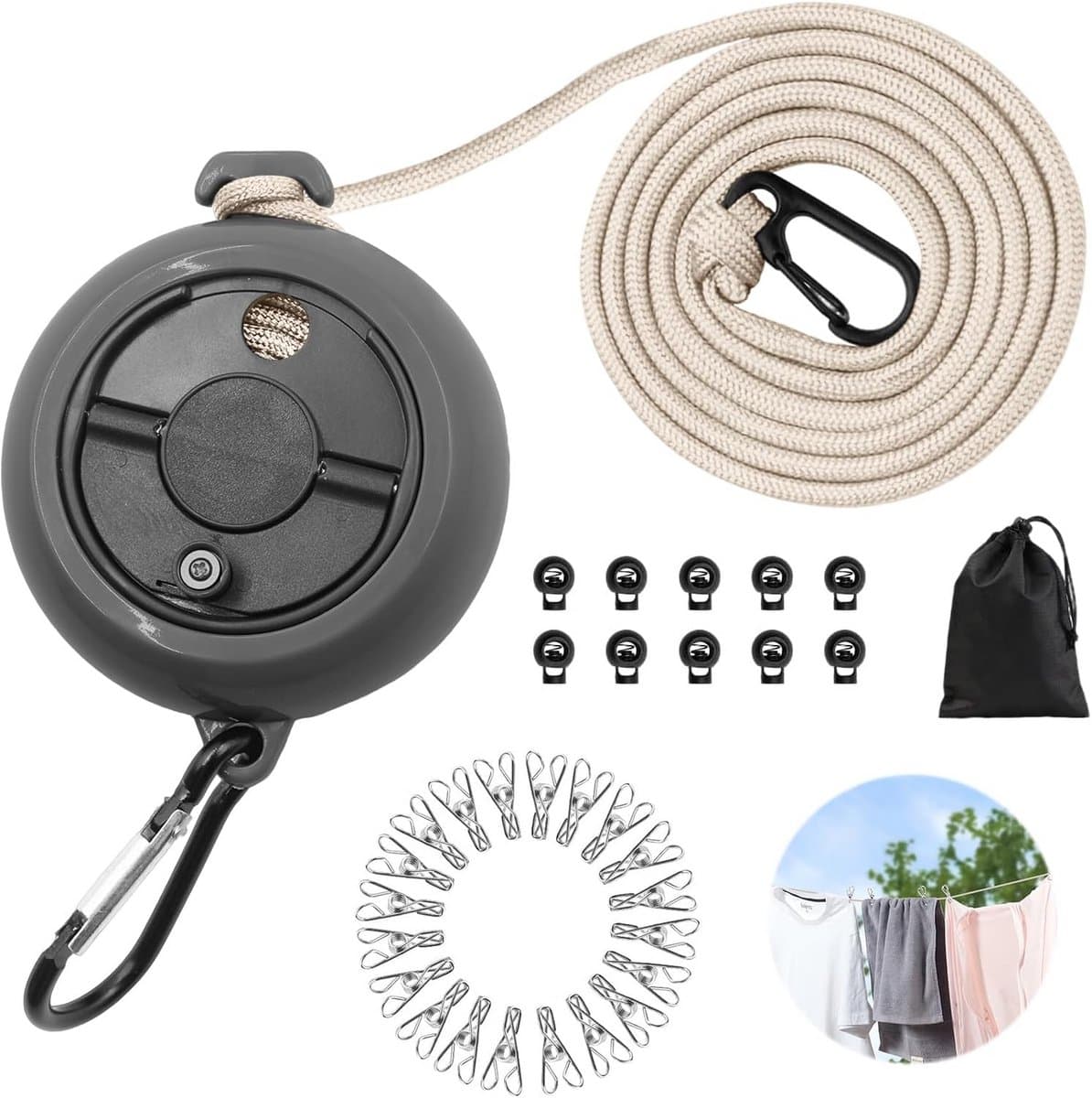 Waslijn Uitschuifbaar - Draagbare Kledinglijn - Buiten Drogen - Windproof Clips - 10 Meter - Zwart — afbeelding 1
