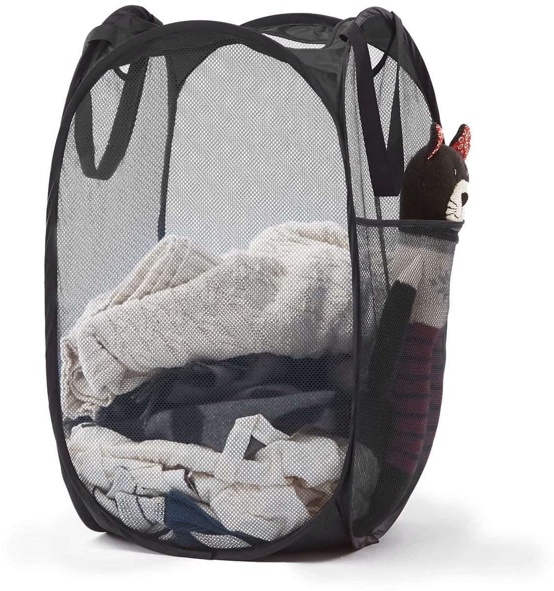Wasmand - 1 stuk - Opvouwbare wasmand – Pop-up wasmand - Inklapbare pop-up wasmand van gaas - Voorzien van stevige handgrepen en zijvak - Draagbare, opvouwbare mand voor studentenkamers, badkamers en op reis - Zwart — afbeelding 1
