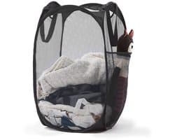 Wasmand - 1 stuk - Opvouwbare wasmand – Pop-up wasmand - Inklapbare pop-up wasmand van gaas - Voorzien van stevige handgrepen en zijvak - Draagbare, opvouwbare mand voor studentenkamers, badkamers en op reis - Zwart