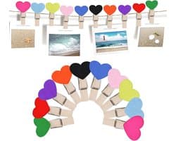 Mini Houten Knijpers - Hartvormige Clips - Foto's Ophangen - Natuurlijk Hout - 35 cm - Wit