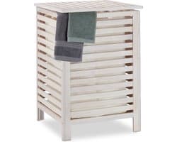 wasmand walnotenhout - met deksel - 52 l - uitneembare waszak - badkamer - wit