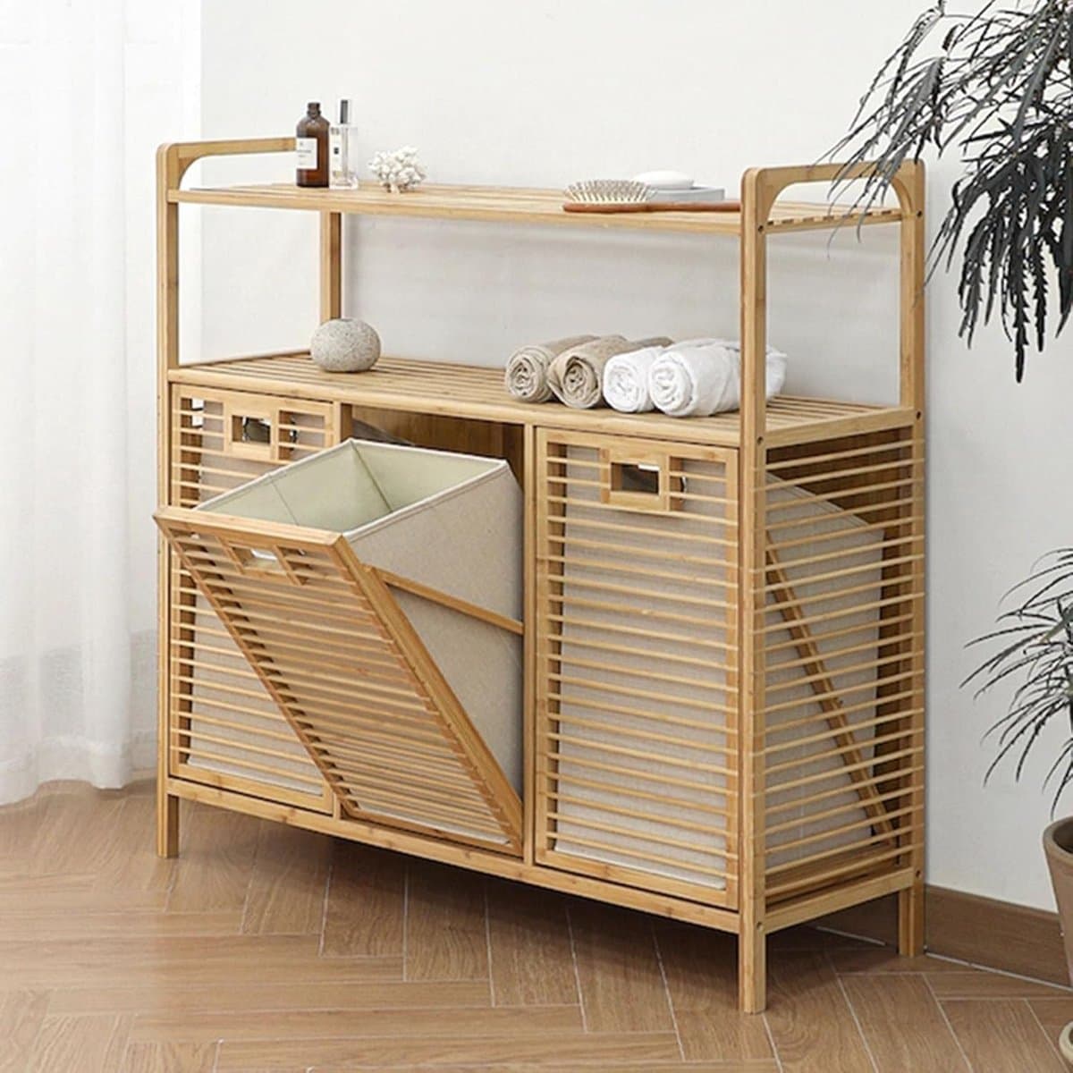 Grote Bamboe Wasmand - Kast Met Bakken - Kleding Sorteren - Uitneembare Stoffen Bakken - 97x30x72cm - Natuurlijk Bamboe — afbeelding 1