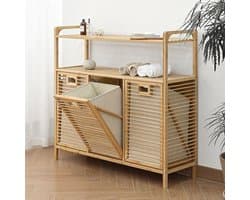 Grote Bamboe Wasmand - Kast Met Bakken - Kleding Sorteren - Uitneembare Stoffen Bakken - 97x30x72cm - Natuurlijk Bamboe